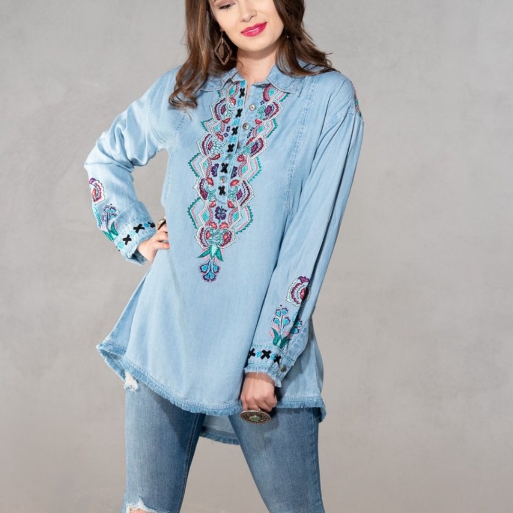 Vintage Collection Boho Charlie Floral Embroidered Tencel Denim Shirt Sz Medium